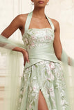 Dusty Sage Halter A-Line Tulle Embroidered Long Prom Dress with Slit