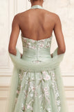 Dusty Sage Halter A-Line Tulle Embroidered Long Prom Dress with Slit