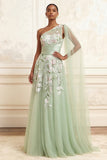 One Shoulder Dusty Sage A-Line Sequins Long Prom Dress with Embroidery