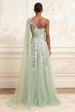 One Shoulder Dusty Sage A-Line Sequins Long Prom Dress with Embroidery