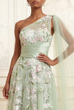 One Shoulder Dusty Sage A-Line Sequins Long Prom Dress with Embroidery