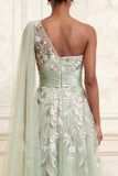 One Shoulder Dusty Sage A-Line Sequins Long Prom Dress with Embroidery