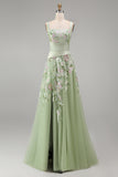A-Line Dusty Sage Square Neck Tulle Floral Long Prom Dress with Slit