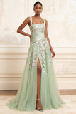 A-Line Dusty Sage Square Neck Tulle Floral Long Prom Dress with Slit