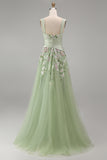 A-Line Dusty Sage Square Neck Tulle Floral Long Prom Dress with Slit