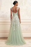 A-Line Dusty Sage Square Neck Tulle Floral Long Prom Dress with Slit