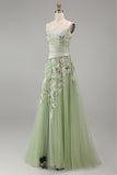 A-Line Dusty Sage Square Neck Tulle Floral Long Prom Dress with Slit