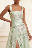 A-Line Dusty Sage Square Neck Tulle Floral Long Prom Dress with Slit