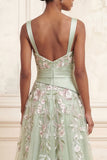 A-Line Dusty Sage Square Neck Tulle Floral Long Prom Dress with Slit