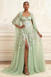 Strapless Dusty Sage A-Line Sequins Corset Long Prom Dress with Slit