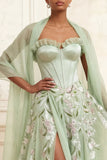 Strapless Dusty Sage A-Line Sequins Corset Long Prom Dress with Slit
