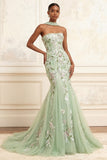 Dusty Sage Strapless Mermaid Sequins Embroidered Long Prom Dress with a Neck Scarf