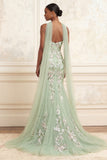 Dusty Sage Strapless Mermaid Sequins Embroidered Long Prom Dress with a Neck Scarf