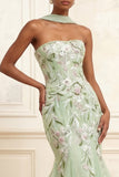 Dusty Sage Strapless Mermaid Sequins Embroidered Long Prom Dress with a Neck Scarf