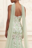Dusty Sage Strapless Mermaid Sequins Embroidered Long Prom Dress with a Neck Scarf