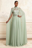 Dusty Sage Halter A-Line Beaded Long Prom Dress with Cape
