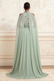Dusty Sage Halter A-Line Beaded Long Prom Dress with Cape