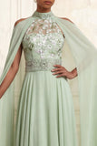 Dusty Sage Halter A-Line Beaded Long Prom Dress with Cape