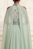 Dusty Sage Halter A-Line Beaded Long Prom Dress with Cape
