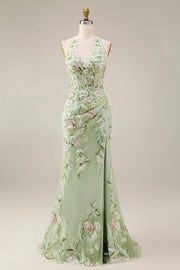 Dusty Sage Halter Sheer Corset Mermaid Long Prom Dress with Slit