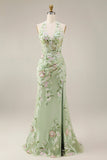 Dusty Sage Halter Sheer Corset Mermaid Long Prom Dress with Slit
