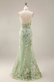 Dusty Sage Halter Sheer Corset Mermaid Long Prom Dress with Slit
