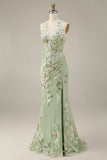 Dusty Sage Halter Sheer Corset Mermaid Long Prom Dress with Slit
