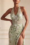 Halter Dusty Sage Sheer Corset Sheath Embroidered Long Prom Dress with Slit