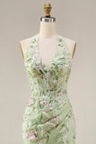Dusty Sage Halter Sheer Corset Mermaid Long Prom Dress with Slit