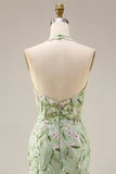 Dusty Sage Halter Sheer Corset Mermaid Long Prom Dress with Slit