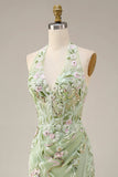 Dusty Sage Halter Sheer Corset Mermaid Long Prom Dress with Slit