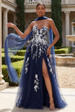Glitter Navy A Line Sweetheart Side Slit Long Prom Dress with a Neck Scarf