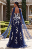 Glitter Navy A Line Sweetheart Side Slit Long Prom Dress with a Neck Scarf
