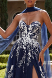 Glitter Navy A Line Sweetheart Side Slit Long Prom Dress with a Neck Scarf