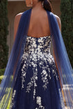 Glitter Navy A Line Sweetheart Side Slit Long Prom Dress with a Neck Scarf
