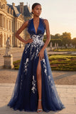Navy Halter Embroidered A Line Long Tulle Prom Dress with Slit