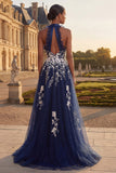 Navy Halter Embroidered A Line Long Tulle Prom Dress with Slit