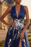 Navy Halter Embroidered A Line Long Tulle Prom Dress with Slit