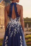 Navy Halter Embroidered A Line Long Tulle Prom Dress with Slit