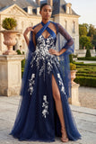 Glitter Navy Floral Halter A Line Side Slit Long Prom Dress with Wrap