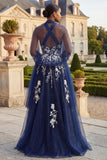 Glitter Navy Floral Halter A Line Side Slit Long Prom Dress with Wrap
