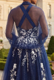 Glitter Navy Floral Halter A Line Side Slit Long Prom Dress with Wrap