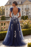 Navy Floral A Line V-Neck Ruffle Sleeves Long Prom Dress with Slit