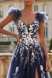 Navy Floral A Line V-Neck Ruffle Sleeves Long Prom Dress with Slit