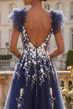 Navy Floral A Line V-Neck Ruffle Sleeves Long Prom Dress with Slit