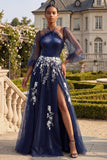 Halter Navy A Line Embroidered 3/4 Sleeves Long Prom Dress with Slit