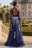 Halter Navy A Line Embroidered 3/4 Sleeves Long Prom Dress with Slit