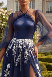 Halter Navy A Line Embroidered 3/4 Sleeves Long Prom Dress with Slit