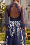 Halter Navy A Line Embroidered 3/4 Sleeves Long Prom Dress with Slit