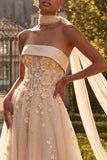 Strapless Blush Corset A Line 3D Flowers Long Tulle Prom Dress with a Neck Scarf